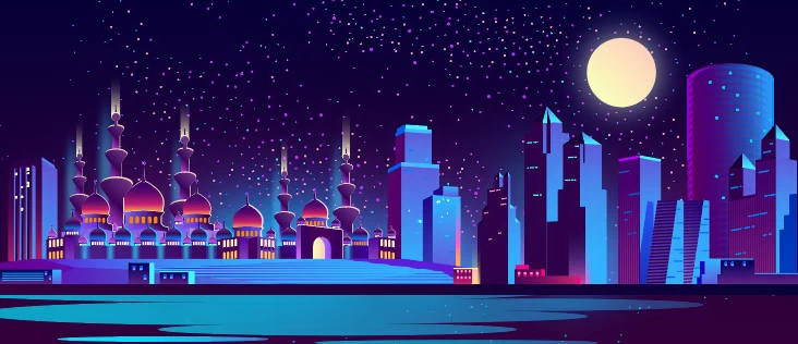 未来科技科幻霓虹灯渐变绚丽城市建筑夜景灯光插画AI/PSD设计素材100套【051】